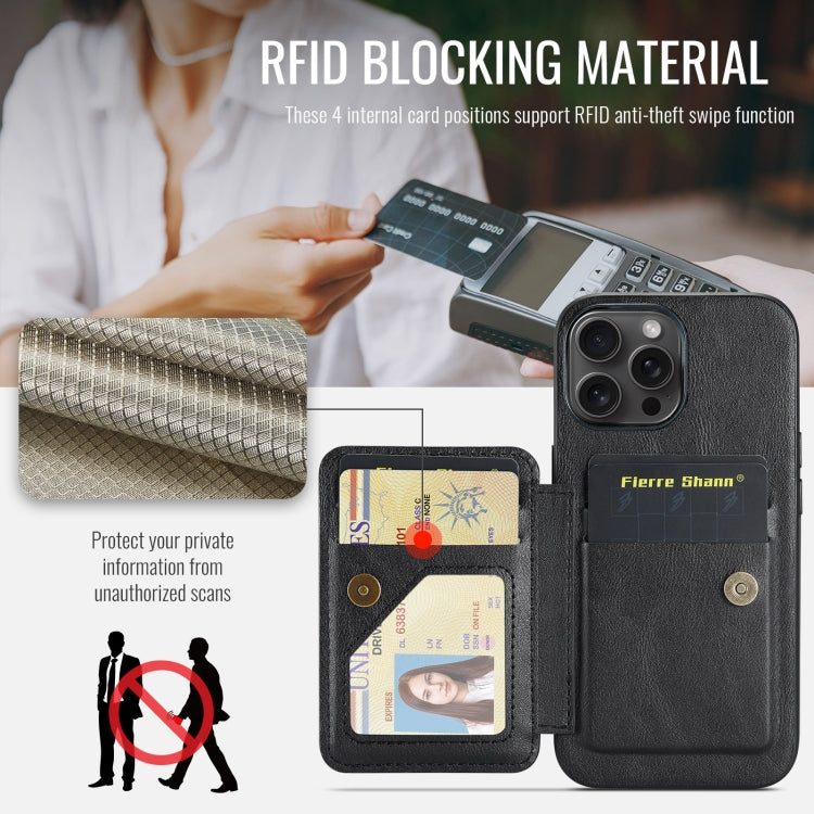 For iPhone 16 Pro Max Fierre Shann Oil Wax Cow Leather Card Holder Back Phone Case(Black)