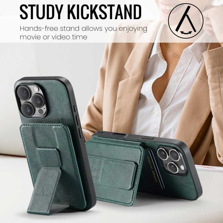 For iPhone 16 Pro Max Fierre Shann Oil Wax Cow Leather Card Holder Back Phone Case(Green)