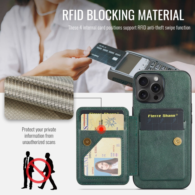 For iPhone 16 Pro Max Fierre Shann Oil Wax Cow Leather Card Holder Back Phone Case(Green)