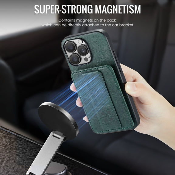 For iPhone 16 Pro Max Fierre Shann Oil Wax Cow Leather Card Holder Back Phone Case(Green)