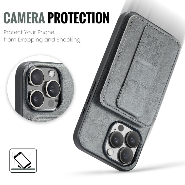 For iPhone 16 Pro Max Fierre Shann Oil Wax Cow Leather Card Holder Back Phone Case(Grey)