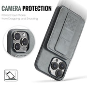 For iPhone 16 Pro Max Fierre Shann Oil Wax Cow Leather Card Holder Back Phone Case(Grey)