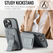 For iPhone 16 Pro Max Fierre Shann Oil Wax Cow Leather Card Holder Back Phone Case(Grey)