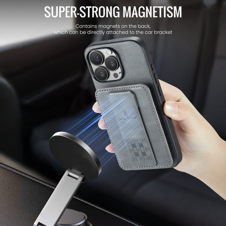 For iPhone 16 Pro Max Fierre Shann Oil Wax Cow Leather Card Holder Back Phone Case(Grey)
