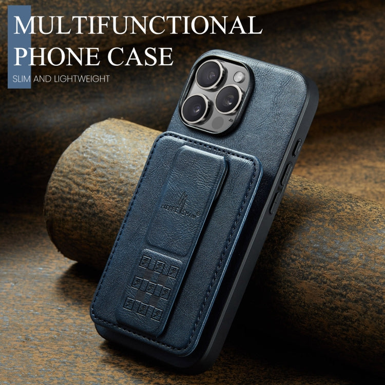 For iPhone 16 Pro Max Fierre Shann Oil Wax Cow Leather Card Holder Back Phone Case(Blue)