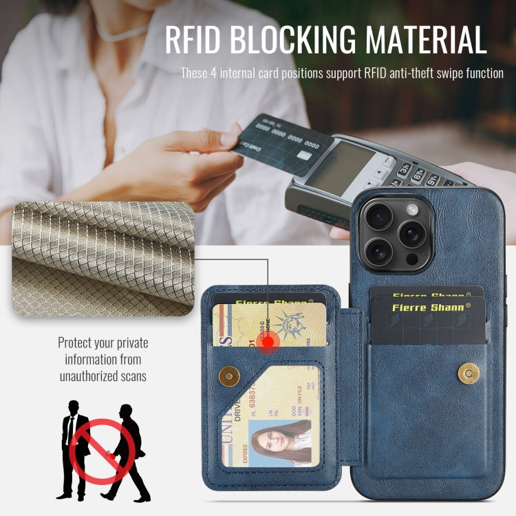 For iPhone 16 Pro Max Fierre Shann Oil Wax Cow Leather Card Holder Back Phone Case(Blue)