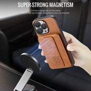 For iPhone 16 Pro Max Fierre Shann Oil Wax Cow Leather Card Holder Back Phone Case(Brown)