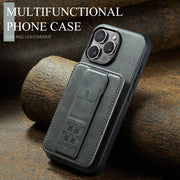 For iPhone 16 Pro Fierre Shann Oil Wax Cow Leather Card Holder Back Phone Case(Grey)