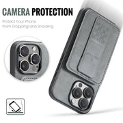 For iPhone 16 Pro Fierre Shann Oil Wax Cow Leather Card Holder Back Phone Case(Grey)