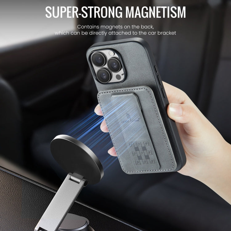 For iPhone 16 Pro Fierre Shann Oil Wax Cow Leather Card Holder Back Phone Case(Grey)