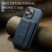 For iPhone 16 Pro Fierre Shann Oil Wax Cow Leather Card Holder Back Phone Case(Blue)