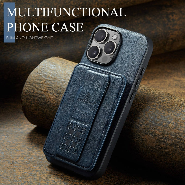 For iPhone 16 Pro Fierre Shann Oil Wax Cow Leather Card Holder Back Phone Case(Blue)