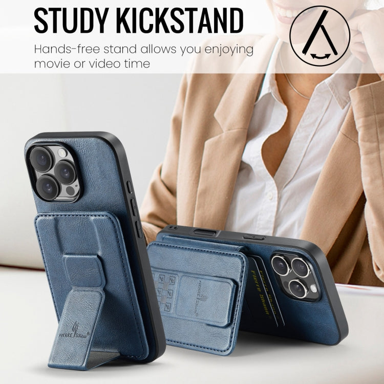 For iPhone 16 Pro Fierre Shann Oil Wax Cow Leather Card Holder Back Phone Case(Blue)