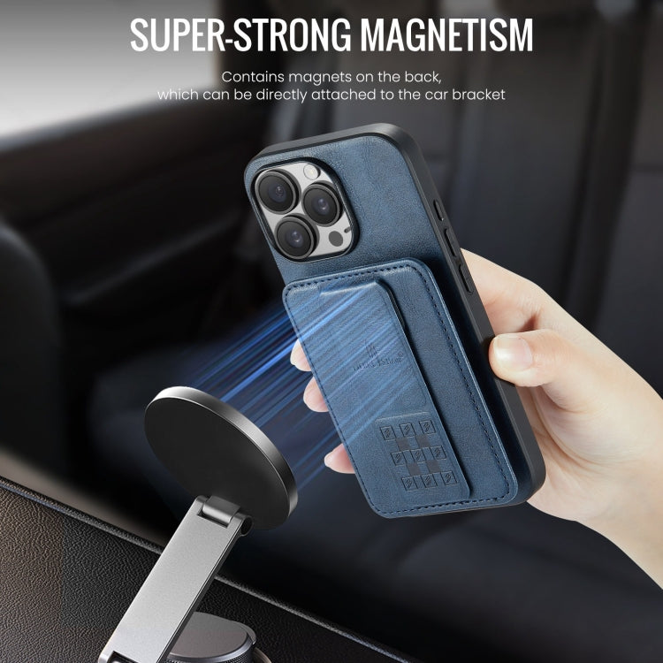 For iPhone 16 Pro Fierre Shann Oil Wax Cow Leather Card Holder Back Phone Case(Blue)