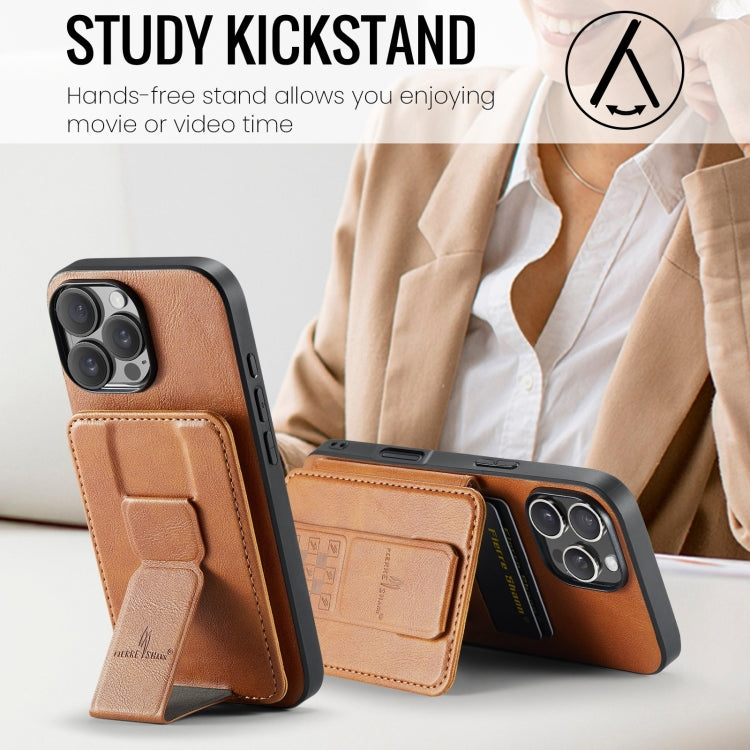 For iPhone 16 Pro Fierre Shann Oil Wax Cow Leather Card Holder Back Phone Case(Brown)