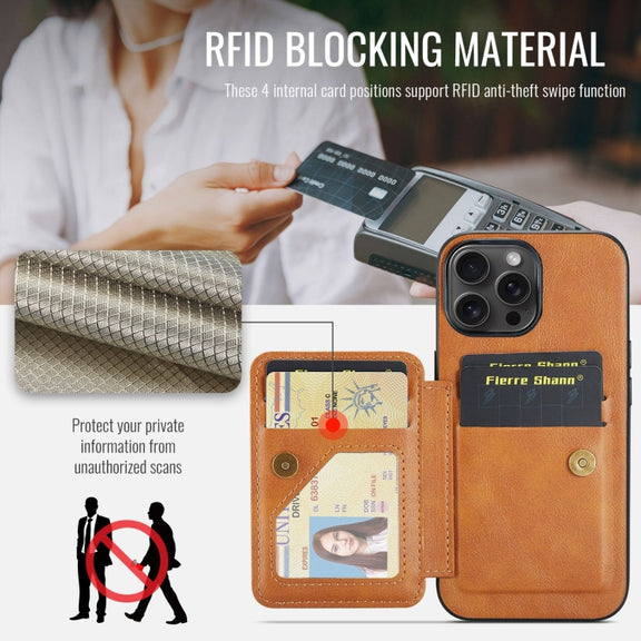 For iPhone 16 Pro Fierre Shann Oil Wax Cow Leather Card Holder Back Phone Case(Brown)