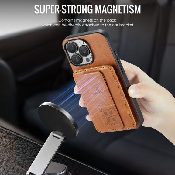 For iPhone 16 Pro Fierre Shann Oil Wax Cow Leather Card Holder Back Phone Case(Brown)