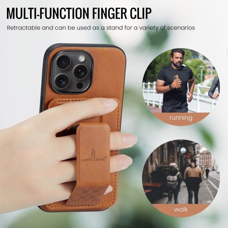 For iPhone 16 Pro Fierre Shann Oil Wax Cow Leather Card Holder Back Phone Case(Brown)