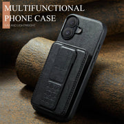For iPhone 16 Plus Fierre Shann Oil Wax Cow Leather Card Holder Back Phone Case(Black)