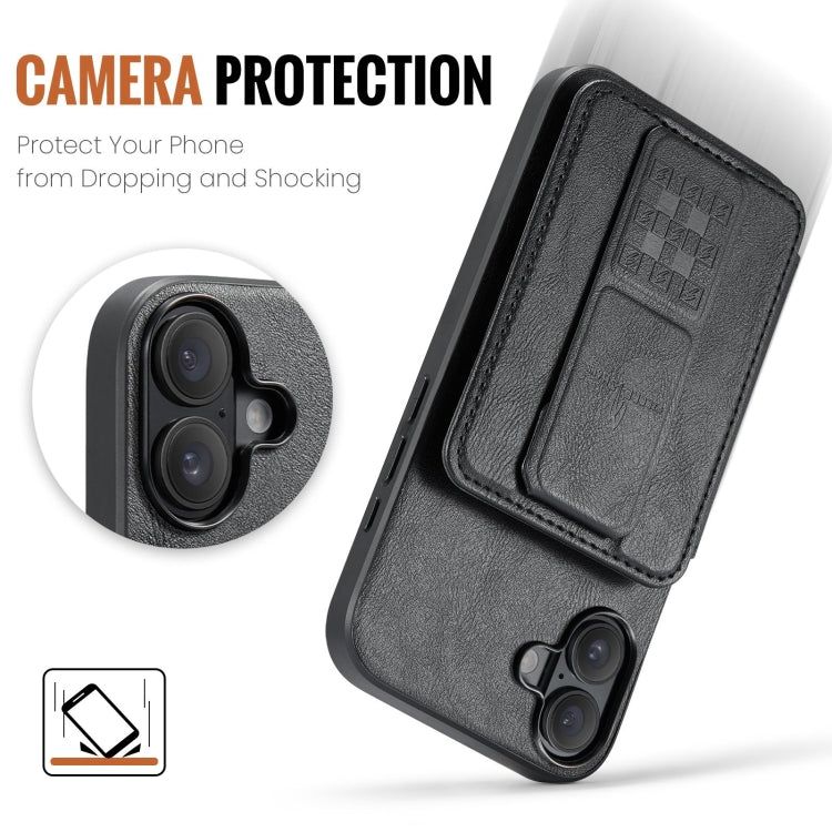 For iPhone 16 Plus Fierre Shann Oil Wax Cow Leather Card Holder Back Phone Case(Black)