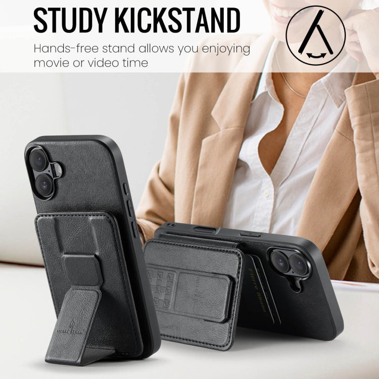 For iPhone 16 Plus Fierre Shann Oil Wax Cow Leather Card Holder Back Phone Case(Black)