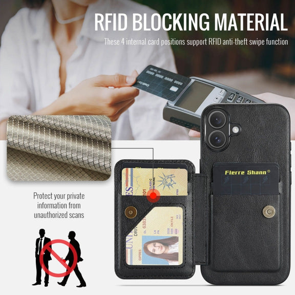 For iPhone 16 Plus Fierre Shann Oil Wax Cow Leather Card Holder Back Phone Case(Black)