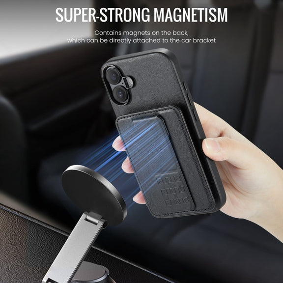 For iPhone 16 Plus Fierre Shann Oil Wax Cow Leather Card Holder Back Phone Case(Black)