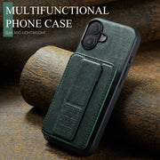 For iPhone 16 Plus Fierre Shann Oil Wax Cow Leather Card Holder Back Phone Case(Green)
