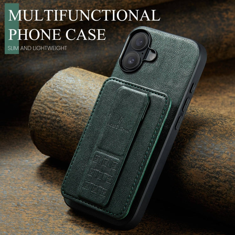For iPhone 16 Plus Fierre Shann Oil Wax Cow Leather Card Holder Back Phone Case(Green)