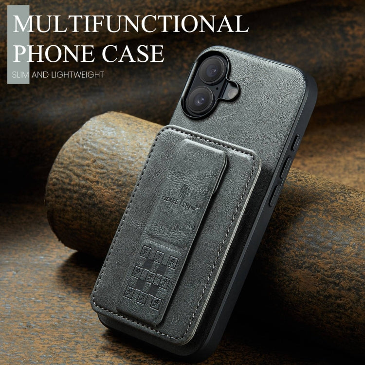 For iPhone 16 Plus Fierre Shann Oil Wax Cow Leather Card Holder Back Phone Case(Grey)