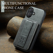 For iPhone 16 Plus Fierre Shann Oil Wax Cow Leather Card Holder Back Phone Case(Grey)