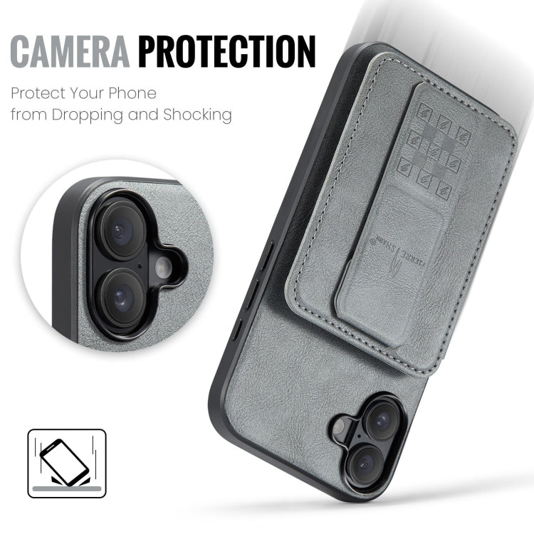 For iPhone 16 Plus Fierre Shann Oil Wax Cow Leather Card Holder Back Phone Case(Grey)