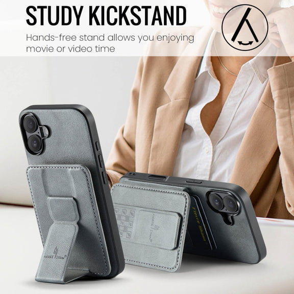 For iPhone 16 Plus Fierre Shann Oil Wax Cow Leather Card Holder Back Phone Case(Grey)