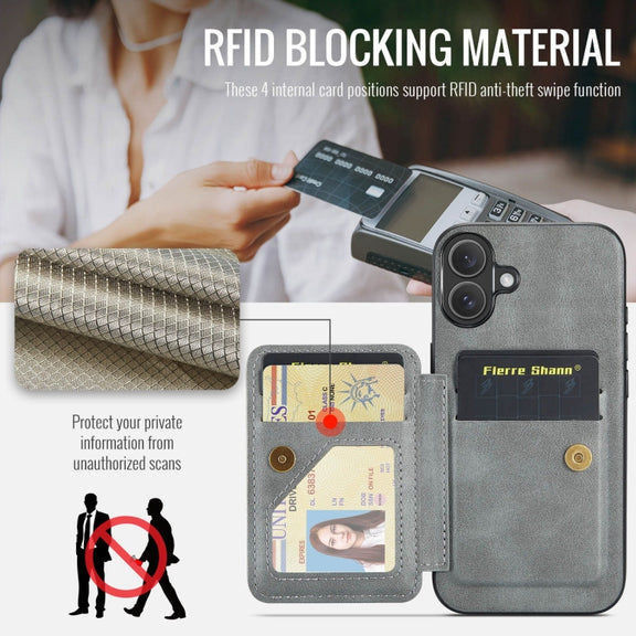 For iPhone 16 Plus Fierre Shann Oil Wax Cow Leather Card Holder Back Phone Case(Grey)
