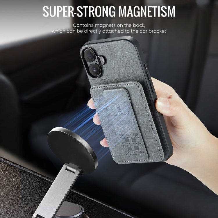For iPhone 16 Plus Fierre Shann Oil Wax Cow Leather Card Holder Back Phone Case(Grey)