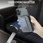 For iPhone 16 Plus Fierre Shann Oil Wax Cow Leather Card Holder Back Phone Case(Grey)