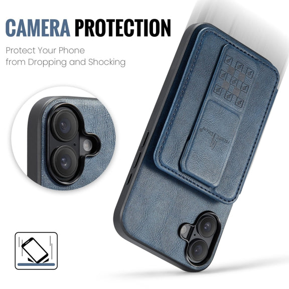 For iPhone 16 Plus Fierre Shann Oil Wax Cow Leather Card Holder Back Phone Case(Blue)