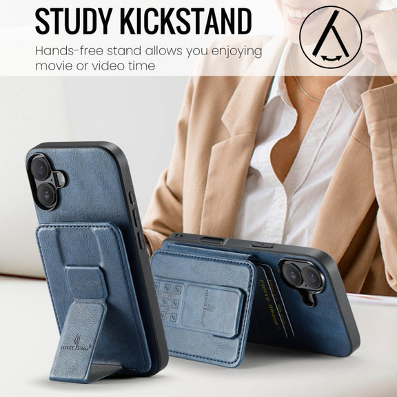 For iPhone 16 Plus Fierre Shann Oil Wax Cow Leather Card Holder Back Phone Case(Blue)