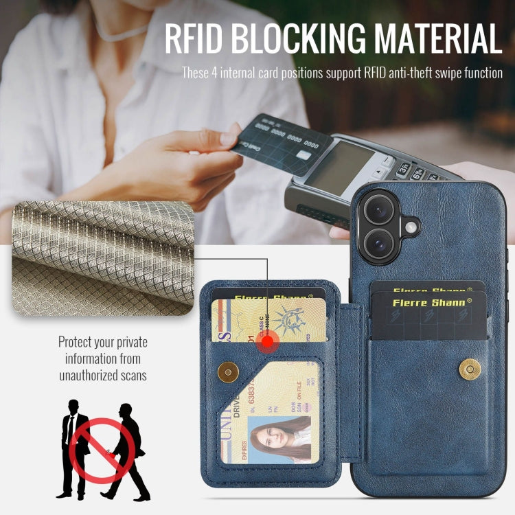 For iPhone 16 Plus Fierre Shann Oil Wax Cow Leather Card Holder Back Phone Case(Blue)