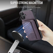For iPhone 16 Plus Fierre Shann Oil Wax Cow Leather Card Holder Back Phone Case(Purple)