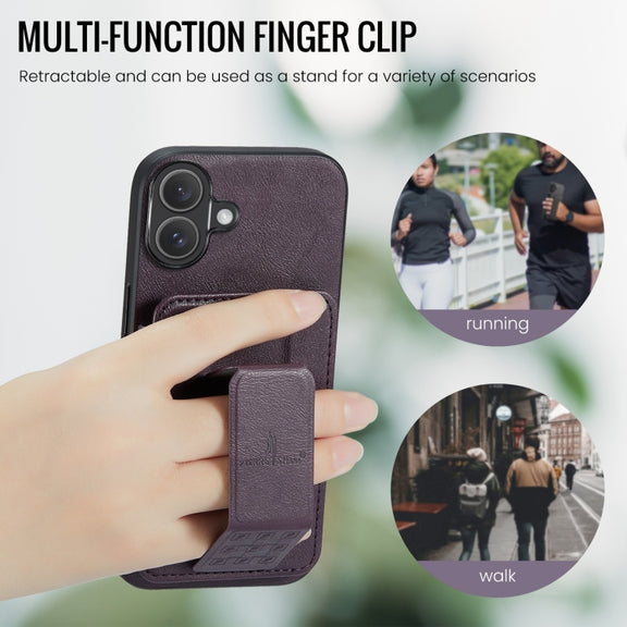 For iPhone 16 Plus Fierre Shann Oil Wax Cow Leather Card Holder Back Phone Case(Purple)