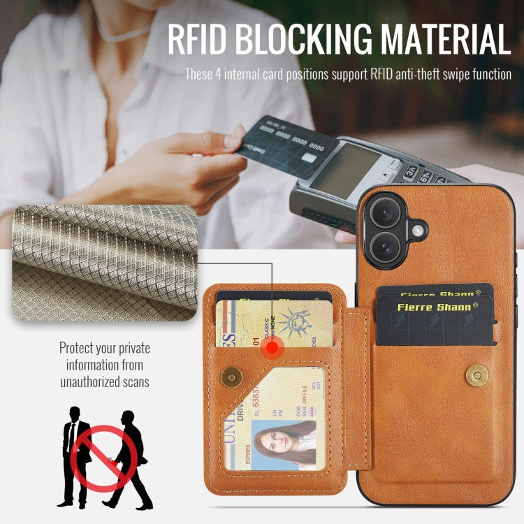 For iPhone 16 Plus Fierre Shann Oil Wax Cow Leather Card Holder Back Phone Case(Brown)