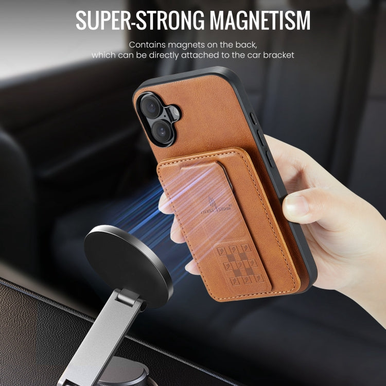 For iPhone 16 Plus Fierre Shann Oil Wax Cow Leather Card Holder Back Phone Case(Brown)