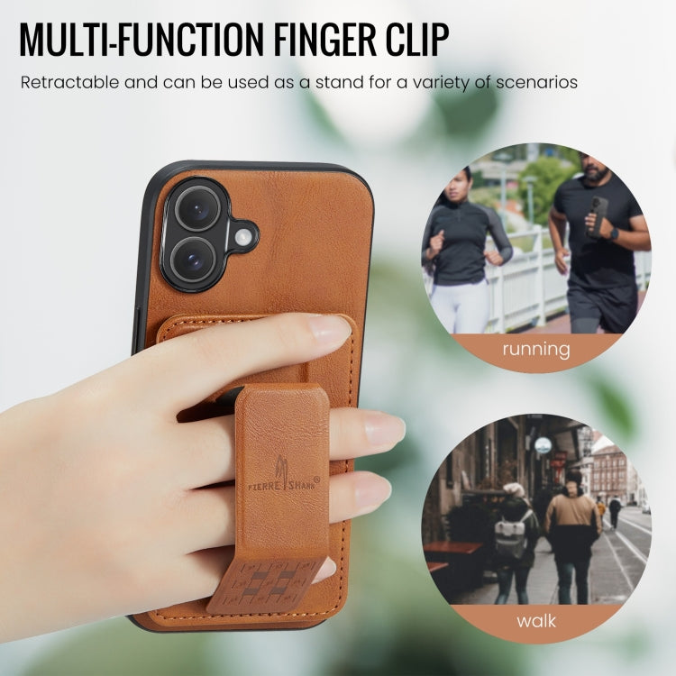 For iPhone 16 Plus Fierre Shann Oil Wax Cow Leather Card Holder Back Phone Case(Brown)