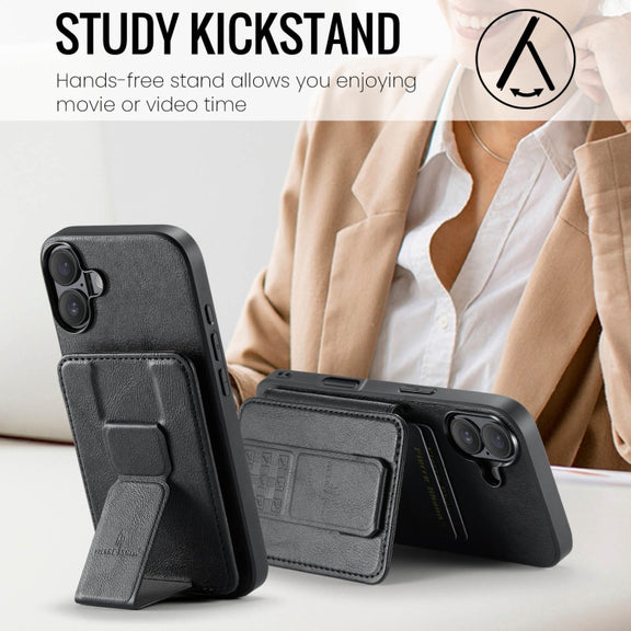 For iPhone 16 Fierre Shann Oil Wax Cow Leather Card Holder Back Phone Case(Black)