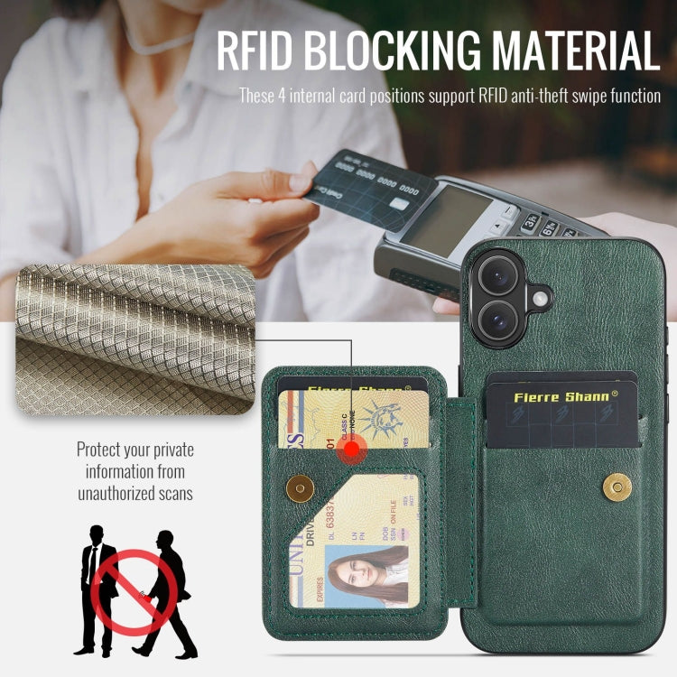 For iPhone 16 Fierre Shann Oil Wax Cow Leather Card Holder Back Phone Case(Green)