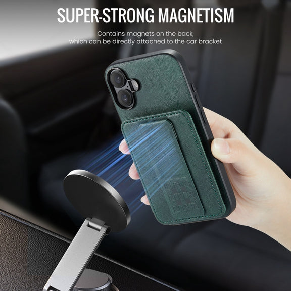 For iPhone 16 Fierre Shann Oil Wax Cow Leather Card Holder Back Phone Case(Green)