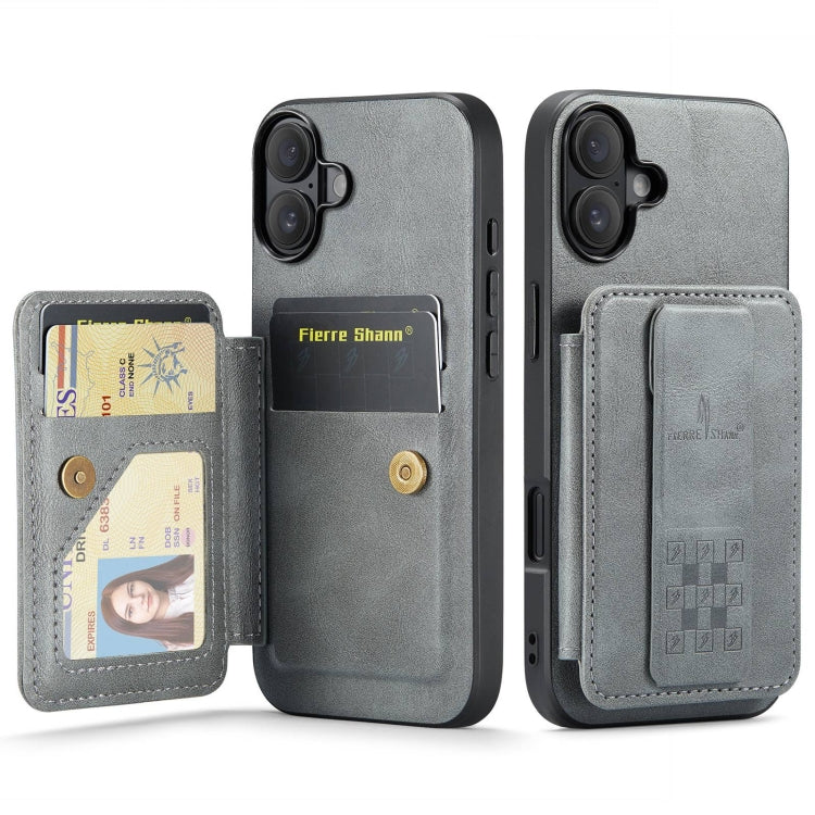 For iPhone 16 Fierre Shann Oil Wax Cow Leather Card Holder Back Phone Case(Grey)