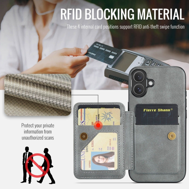 For iPhone 16 Fierre Shann Oil Wax Cow Leather Card Holder Back Phone Case(Grey)