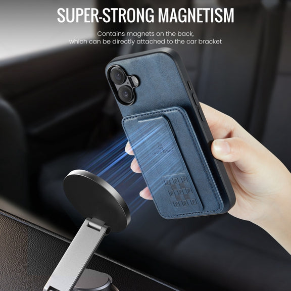 For iPhone 16 Fierre Shann Oil Wax Cow Leather Card Holder Back Phone Case(Blue)